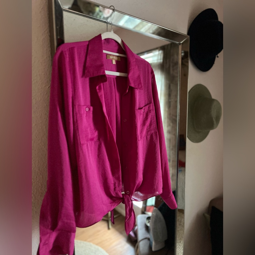 Vintage Ellen Tracy Fuchsia Pink Satin Tie-Front Blouse - Size Large